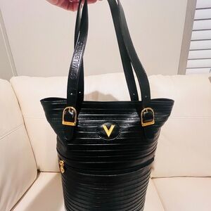 Authentic Mario Valentino Black Quilted Shoulder Tote with Gold Accents